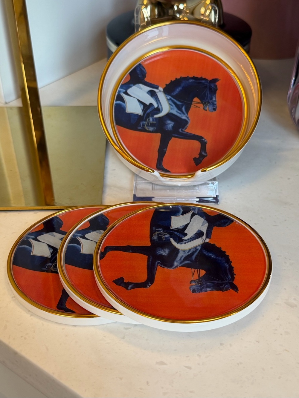 Set of 4 Equestrian Horse Decorative coasters in caddy - dramatic Orange & Navy